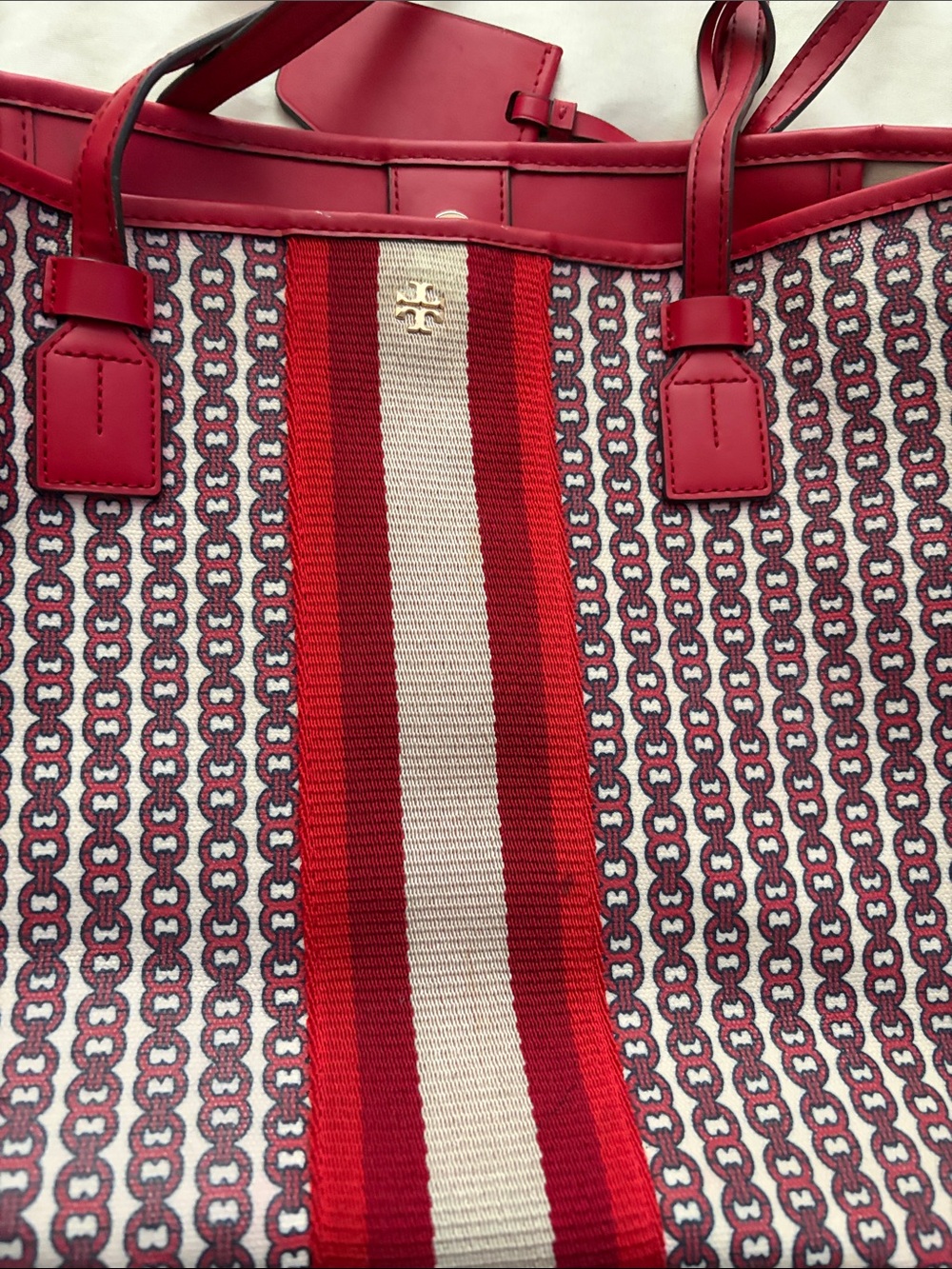 Tory Burch Red and Cream Patterned Canvas Tote with Logo Stripe